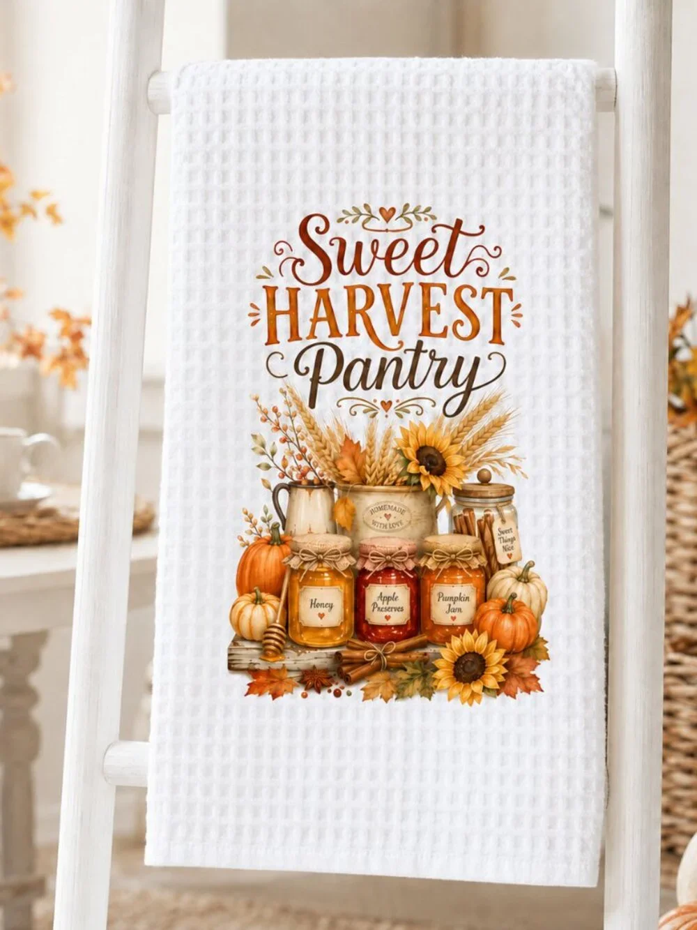 Sweet Harvest Pantry Fall Kitchen Towel, Pumpkin Sunflower Dish Towel